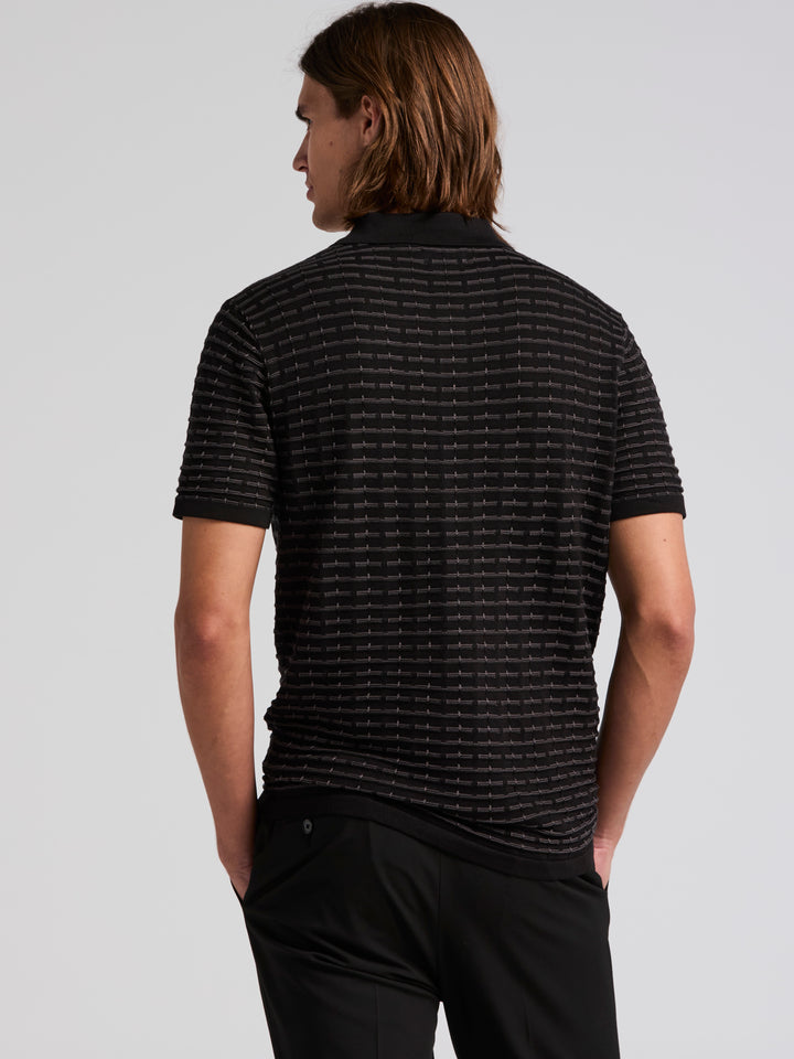 Short Sleeve Cotton Modal Grid Jacquard Polo Sweater (Black) 