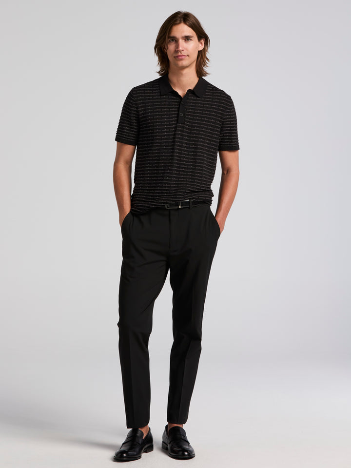 Short Sleeve Cotton Modal Grid Jacquard Polo Sweater (Black) 