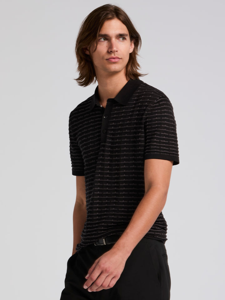 Short Sleeve Cotton Modal Grid Jacquard Polo Sweater (Black) 