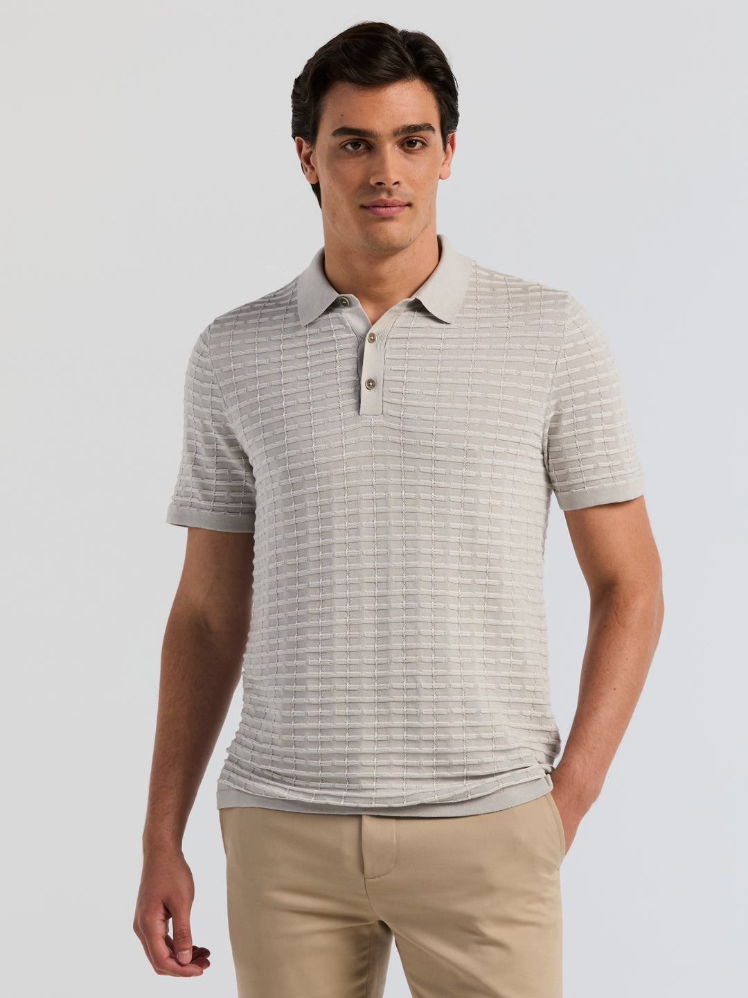 Short Sleeve Cotton Modal Grid Jacquard Polo Sweater (Gray Violet) 