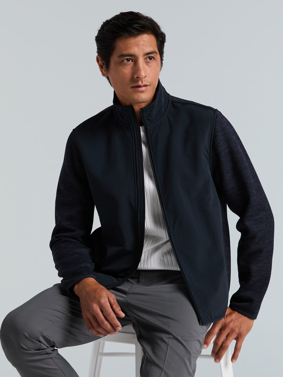 Heathered Full Zip Mock Neck Fleece Jacket (Dark Sapphire) 