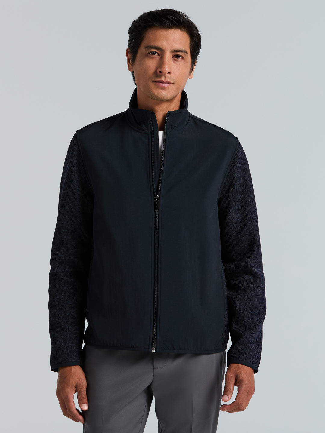Heathered Full Zip Mock Neck Fleece Jacket (Dark Sapphire) 