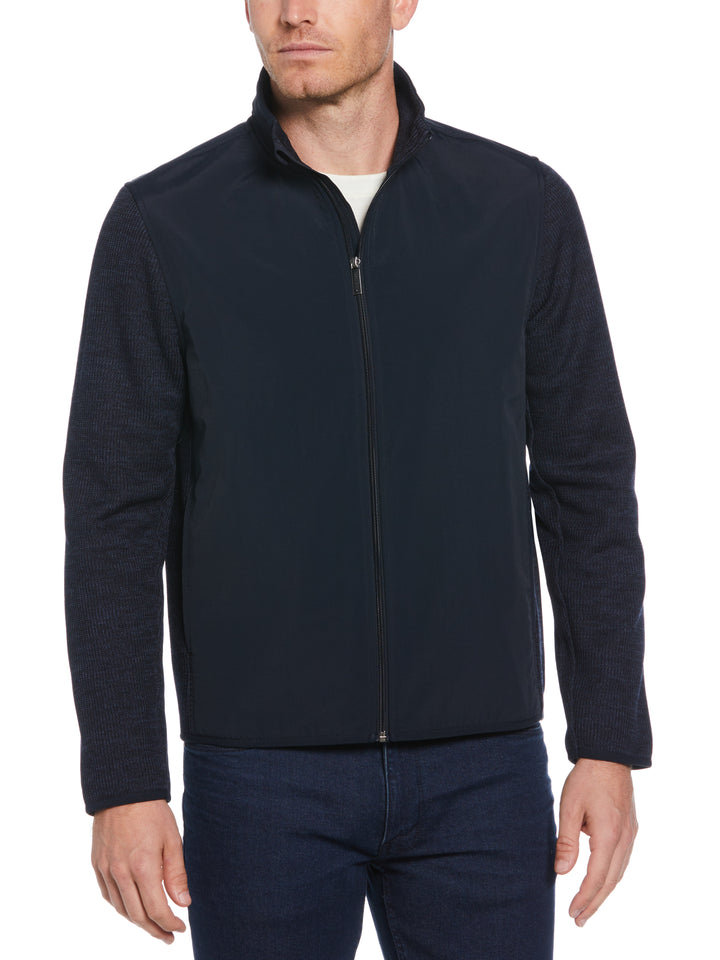 Heathered Full Zip Mock Neck Fleece Jacket (Dark Sapphire) 