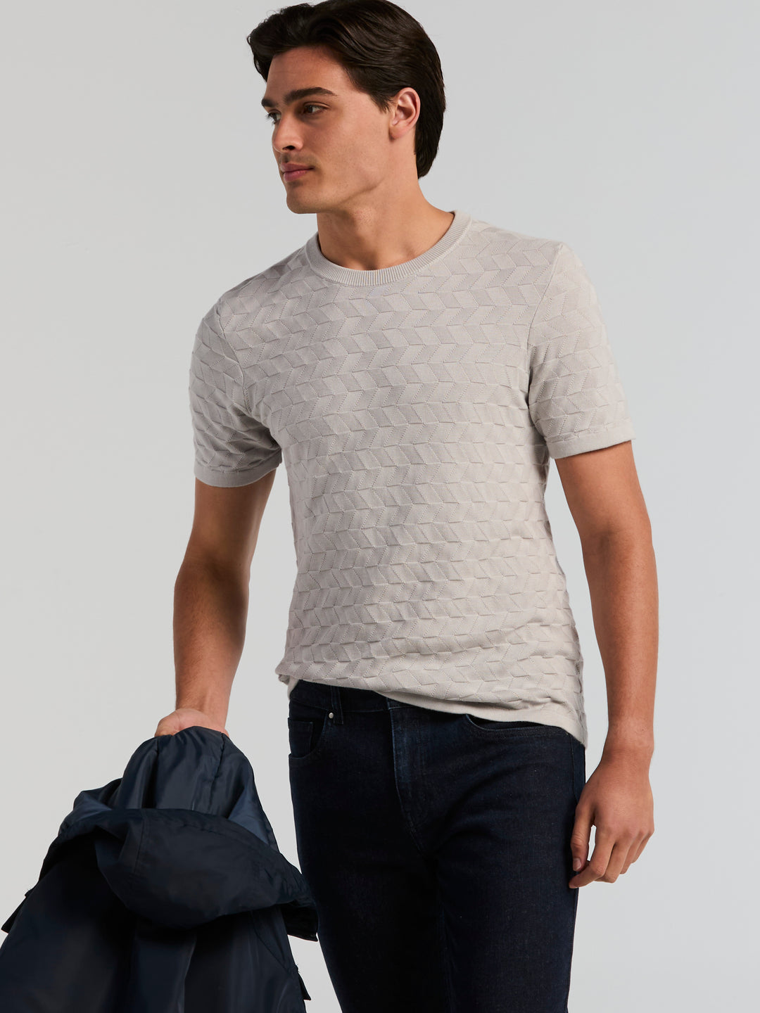 Short Sleeve Herringbone Crew Sweater (Gray Violet) 