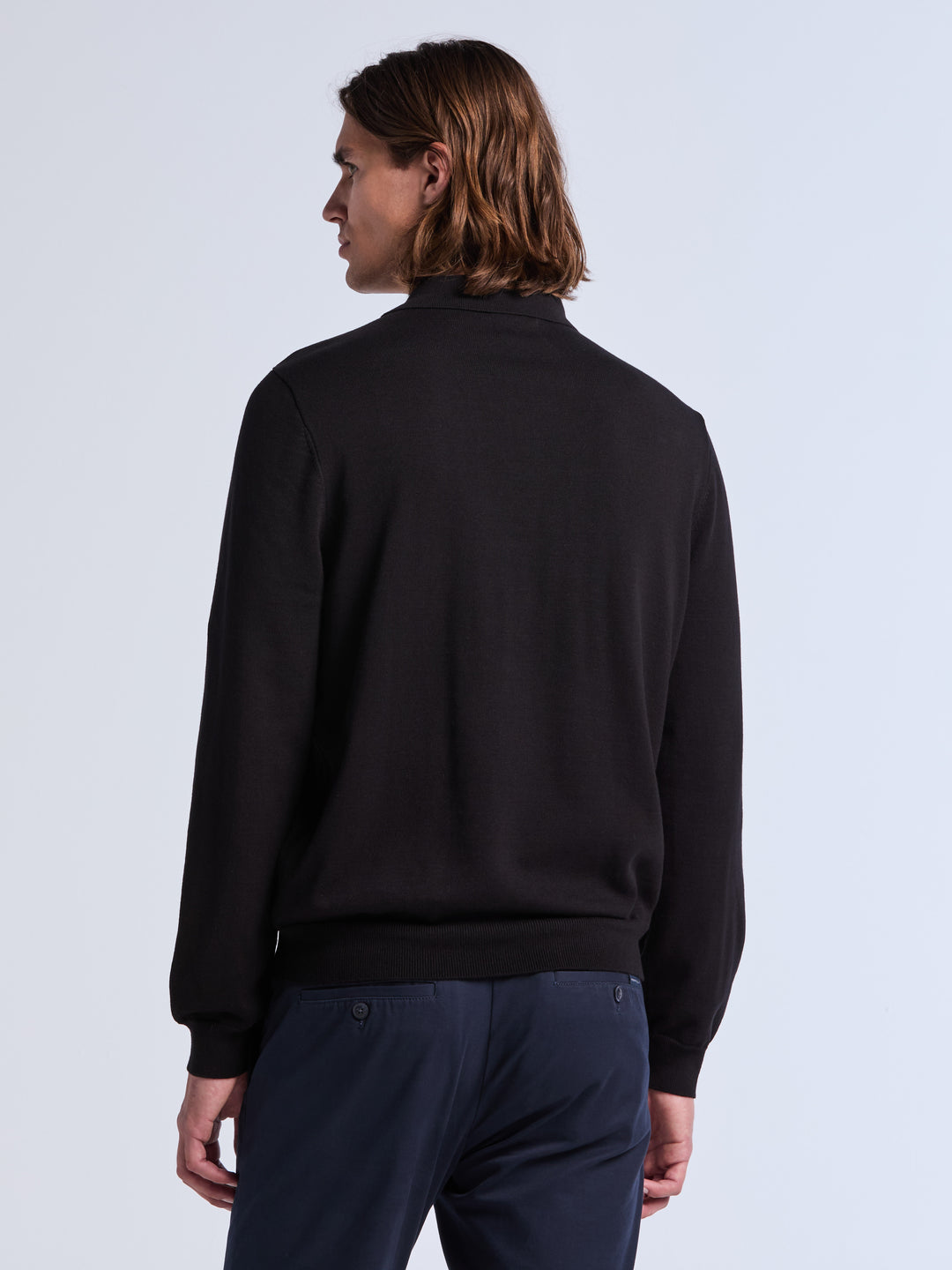 Long Sleeve Jacquard 3-Button Polo Sweater (Black) 