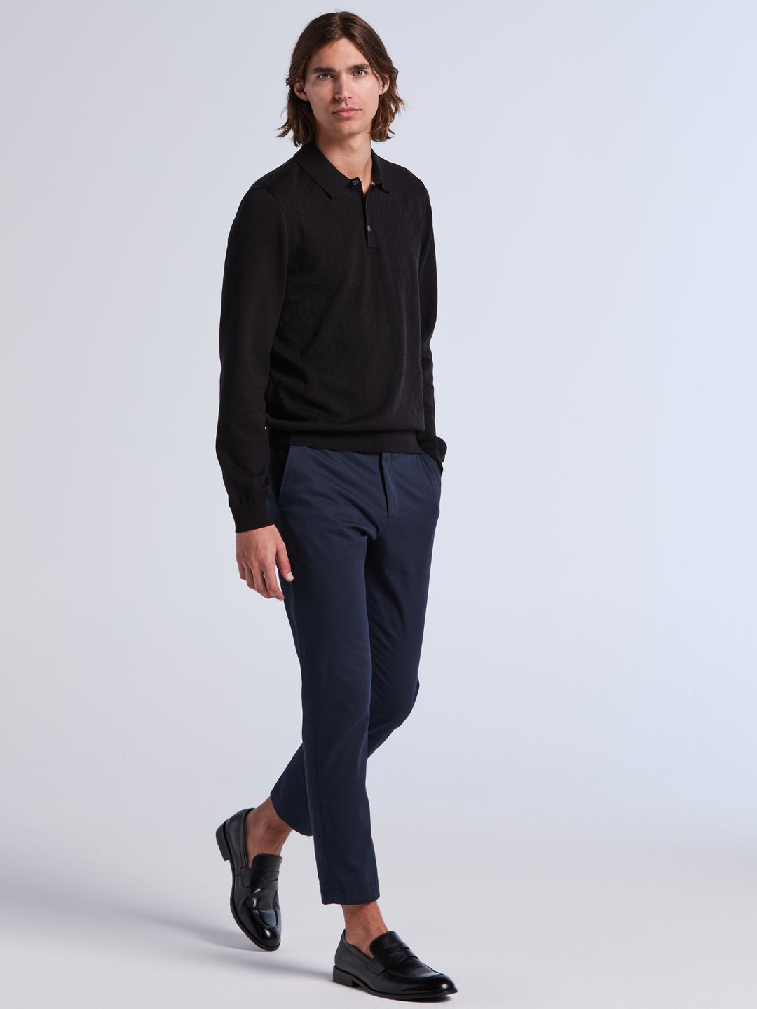 Long Sleeve Jacquard 3-Button Polo Sweater (Black) 