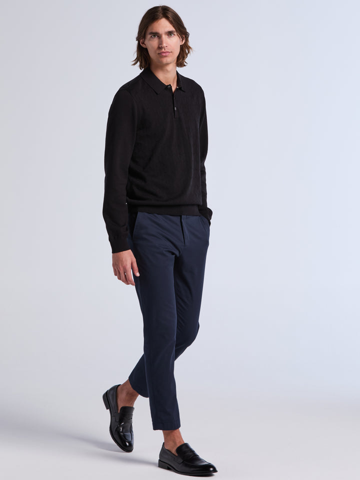 Long Sleeve Jacquard 3-Button Polo Sweater (Black) 