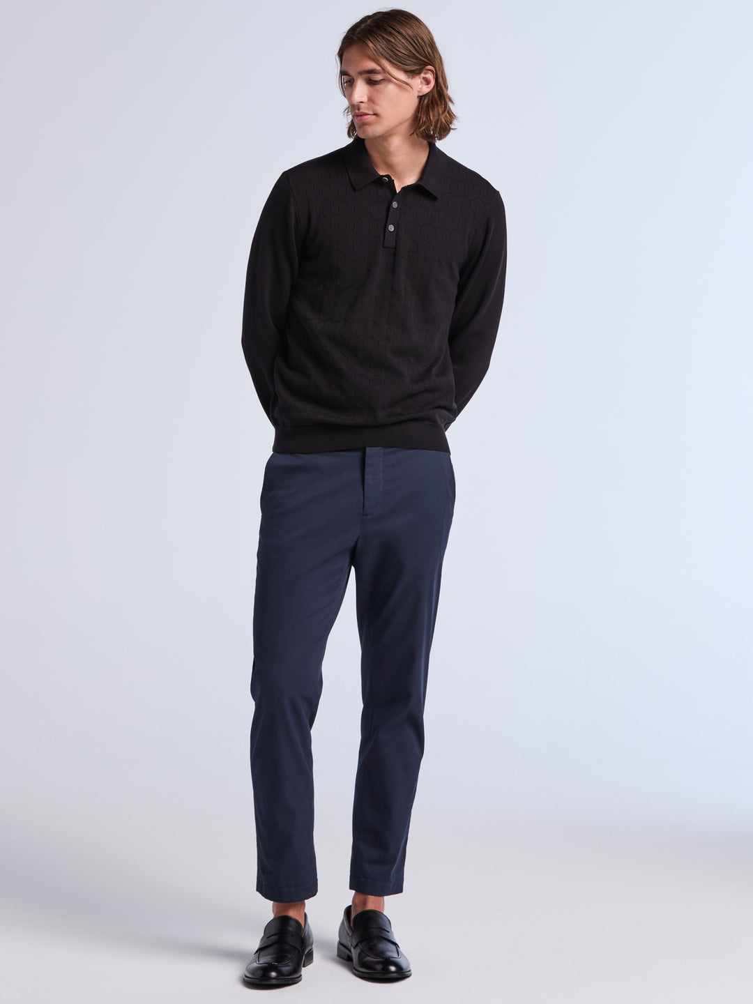 Long Sleeve Jacquard 3-Button Polo Sweater (Black) 