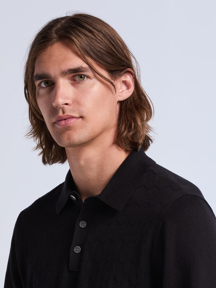 Long Sleeve Jacquard 3-Button Polo Sweater (Black) 