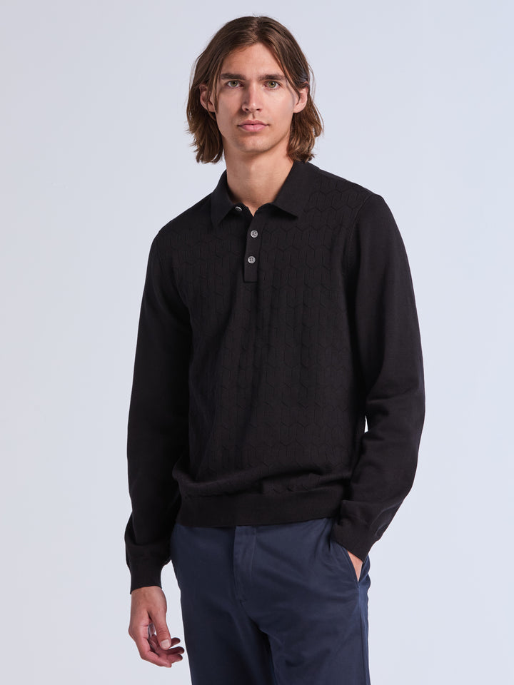 Long Sleeve Jacquard 3-Button Polo Sweater (Black) 