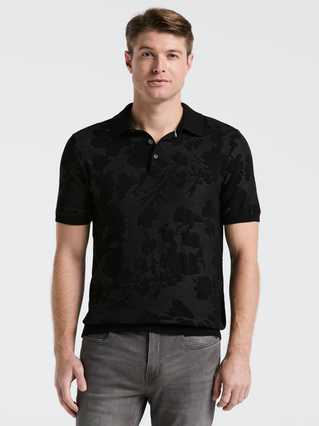 Jacquard Floral Polo Sweater (Black) 