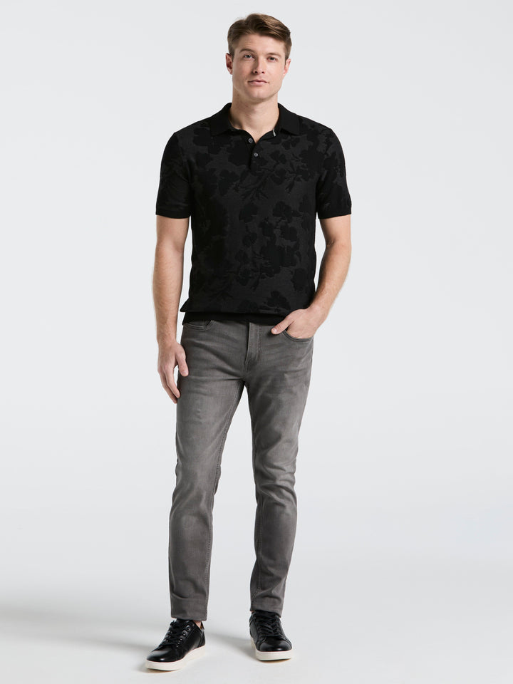 Jacquard Floral Polo Sweater (Black) 