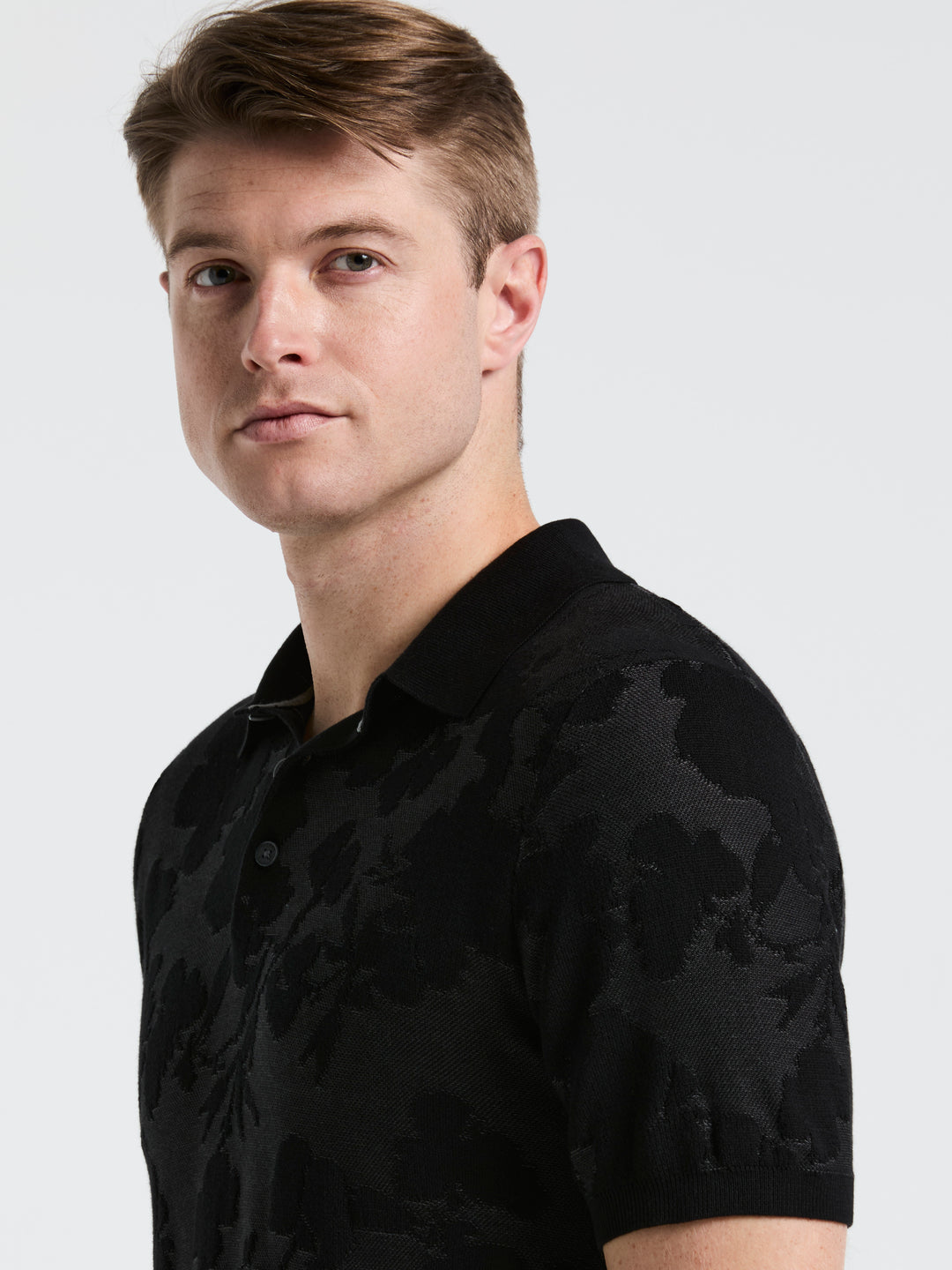 Jacquard Floral Polo Sweater (Black) 
