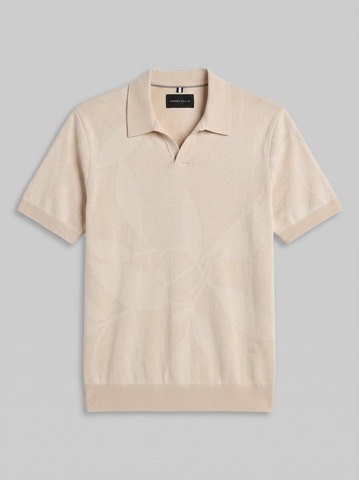 Leaf Print Open Collar Sweater Polo