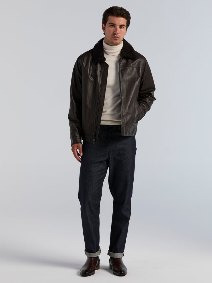 Leather Shearling Collar Zip Front Jacket (Ganache) 
