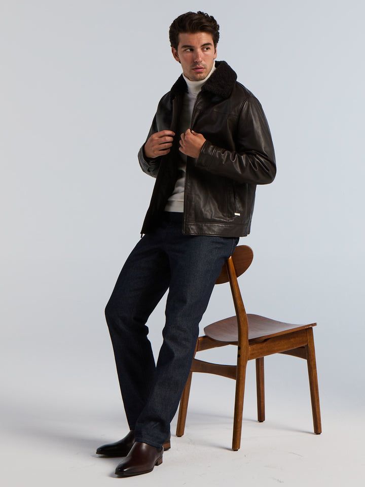 Leather Shearling Collar Zip Front Jacket (Ganache) 