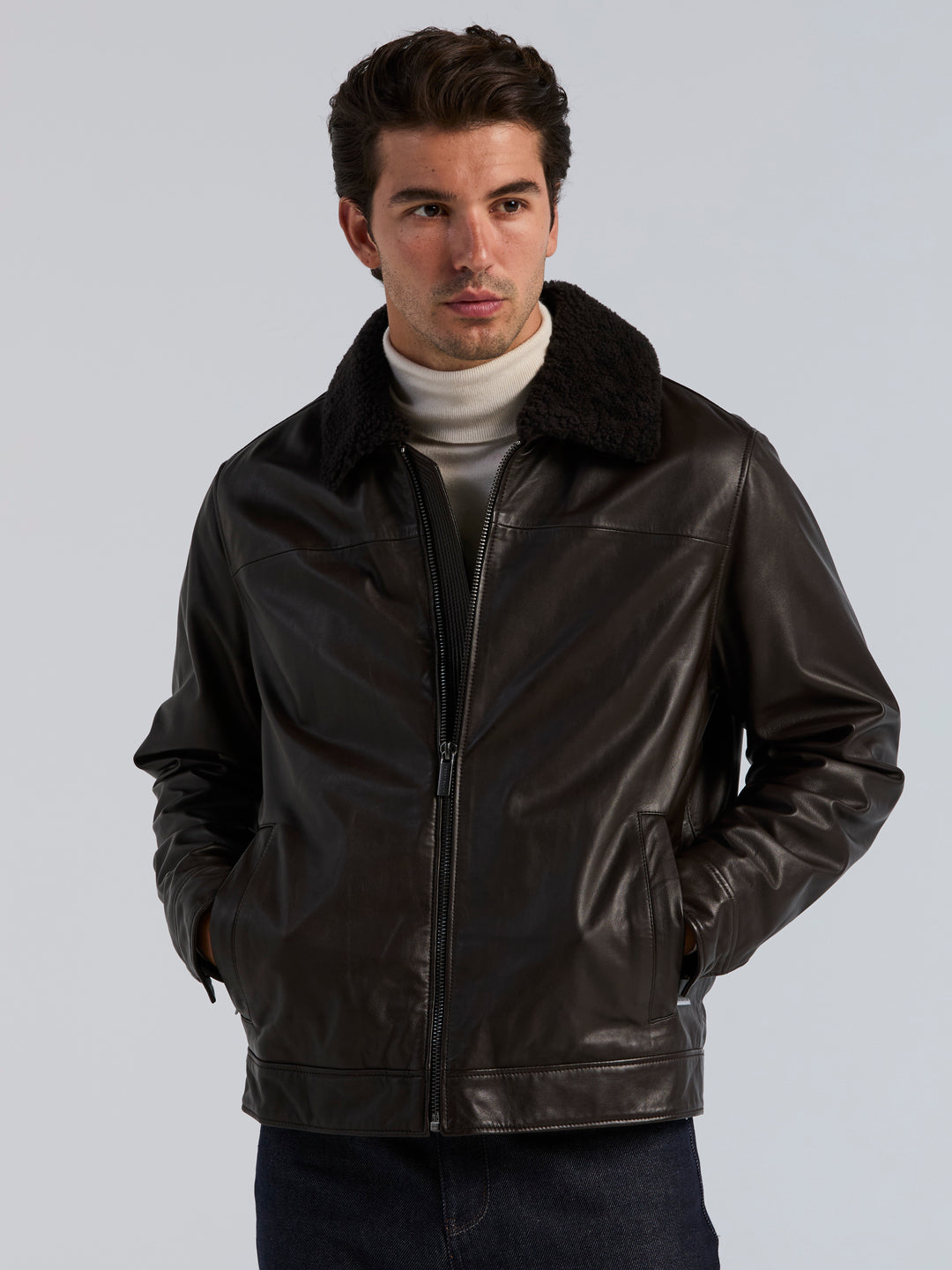 Leather Shearling Collar Zip Front Jacket (Ganache) 
