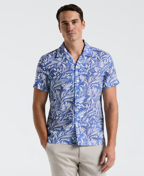 Linen Cotton Abstract Leaf Print Shirt (Bleached Denim) 