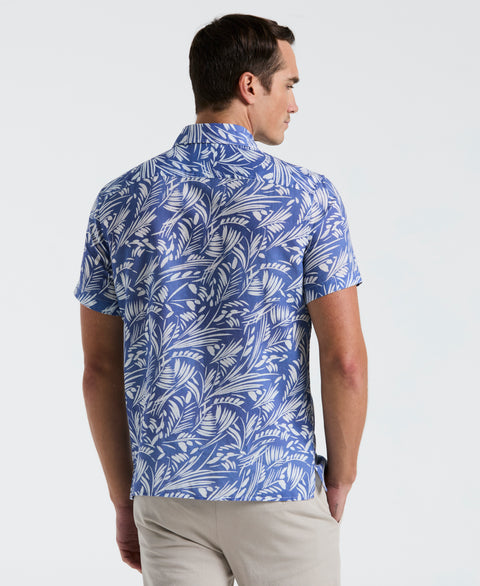 Linen Cotton Abstract Leaf Print Shirt (Bleached Denim) 