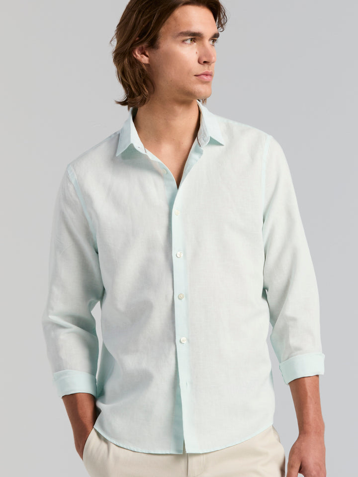 Men's Long Sleeve Solid Linen Blend Shirt (Skylight) 