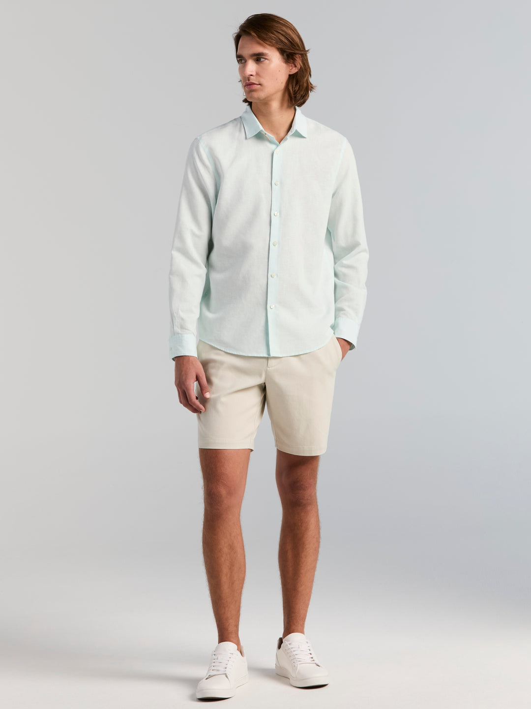 Men's Long Sleeve Solid Linen Blend Shirt (Skylight) 