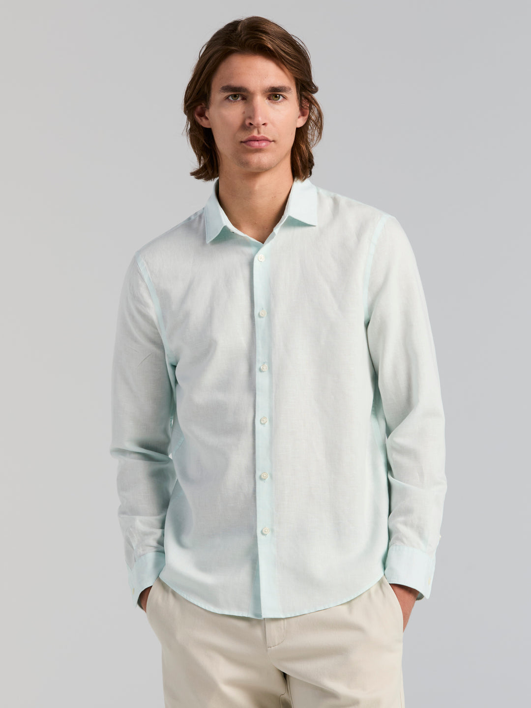 Men's Long Sleeve Solid Linen Blend Shirt (Skylight) 