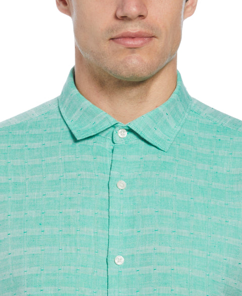 Linen Blend Plaid Print Shirt (Deep Mint) 