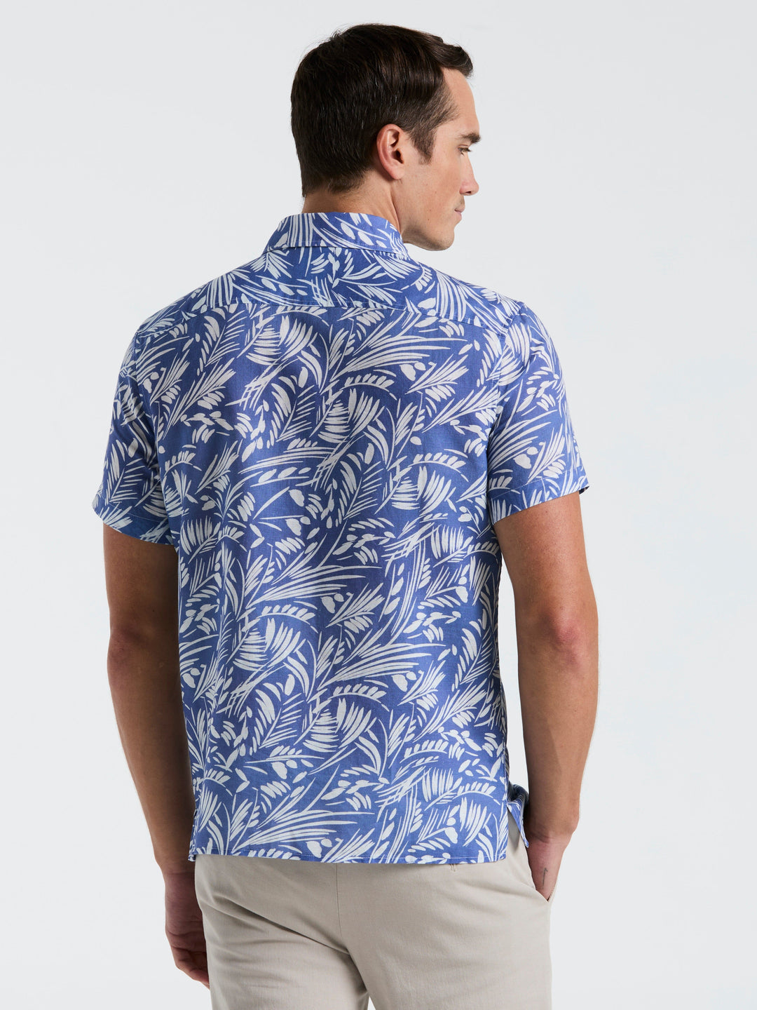 Linen Cotton Abstract Leaf Print Shirt (Bleached Denim) 