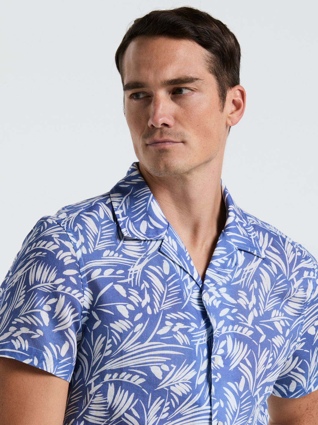 Linen Cotton Abstract Leaf Print Shirt (Bleached Denim) 