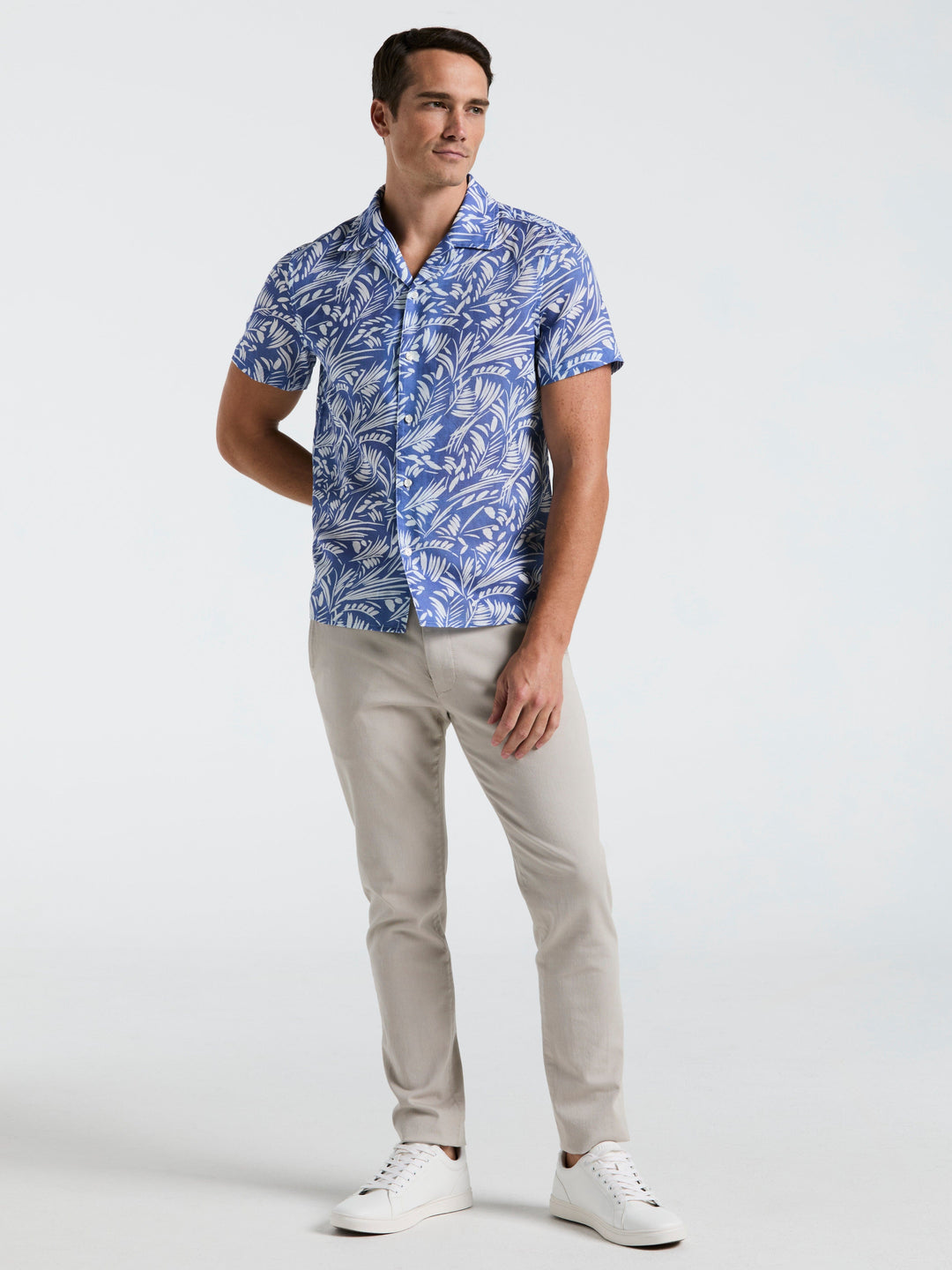 Linen Cotton Abstract Leaf Print Shirt (Bleached Denim) 