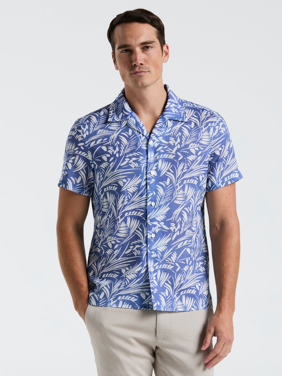 Linen Cotton Abstract Leaf Print Shirt (Bleached Denim) 