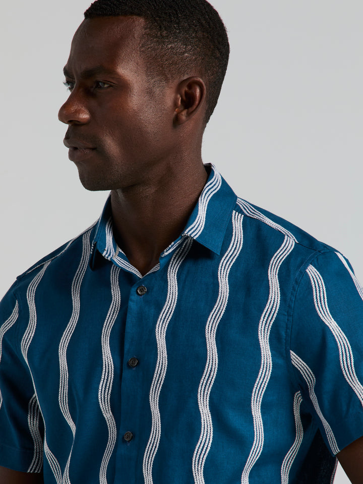 Linen Cotton Waves Print Shirt (Sailor Blue) 