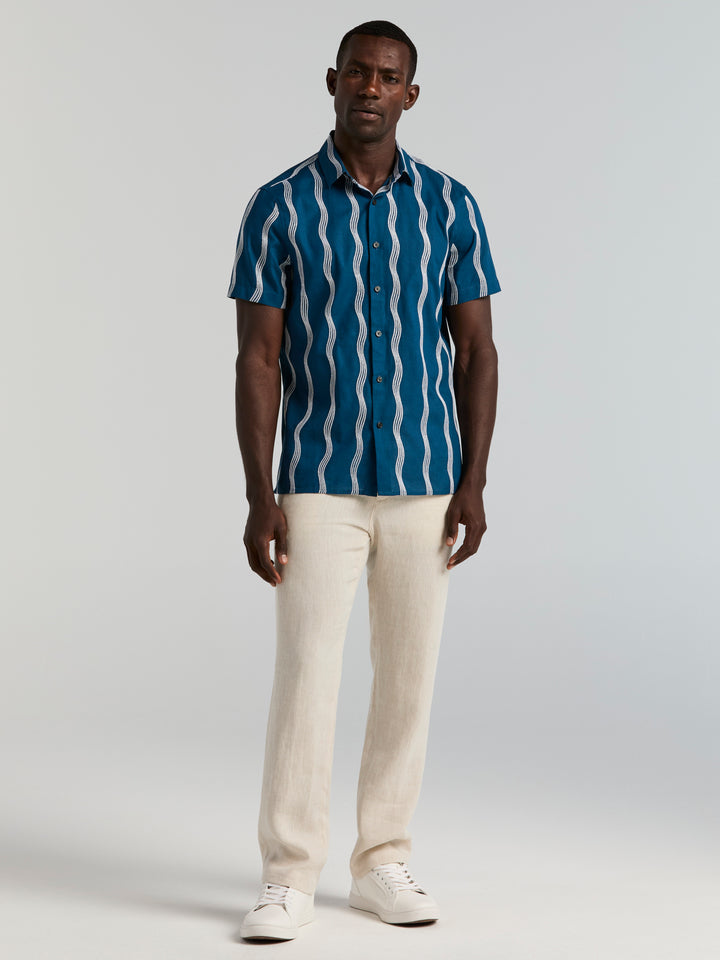 Linen Cotton Waves Print Shirt (Sailor Blue) 