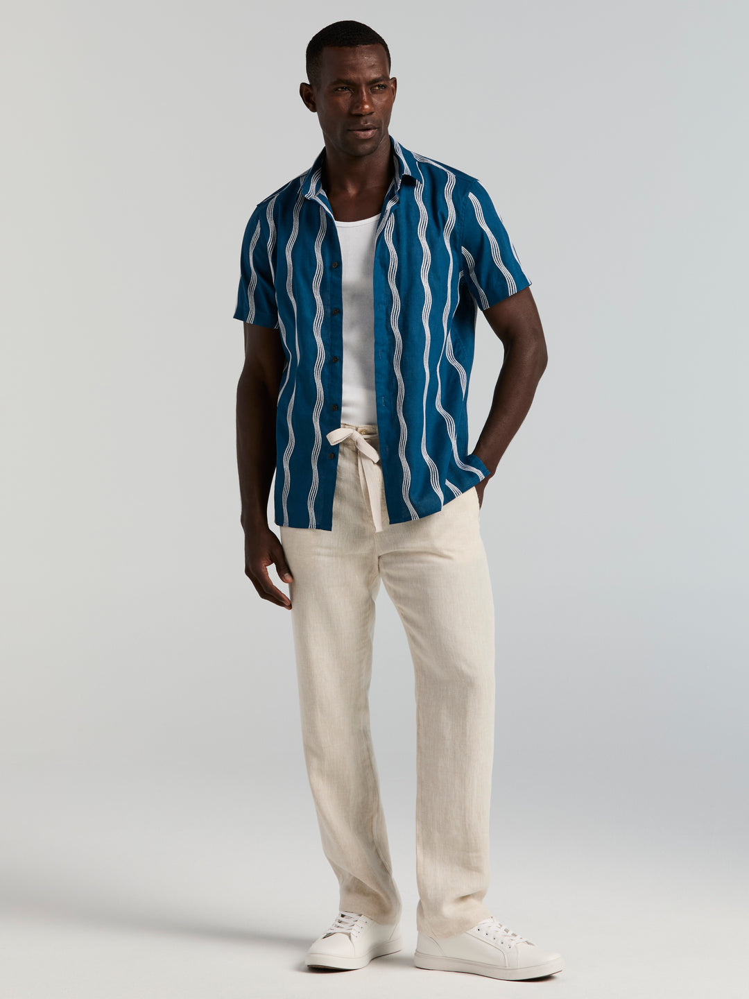 Linen Cotton Waves Print Shirt (Sailor Blue) 