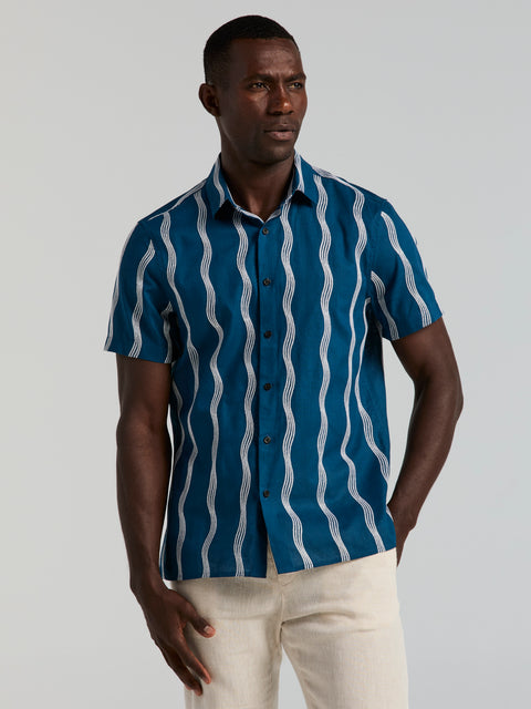Perry Ellis Men's Linen Cotton Wave Print Shirt in Sailor Blue, Size 2XL, Regular Short Sleeves