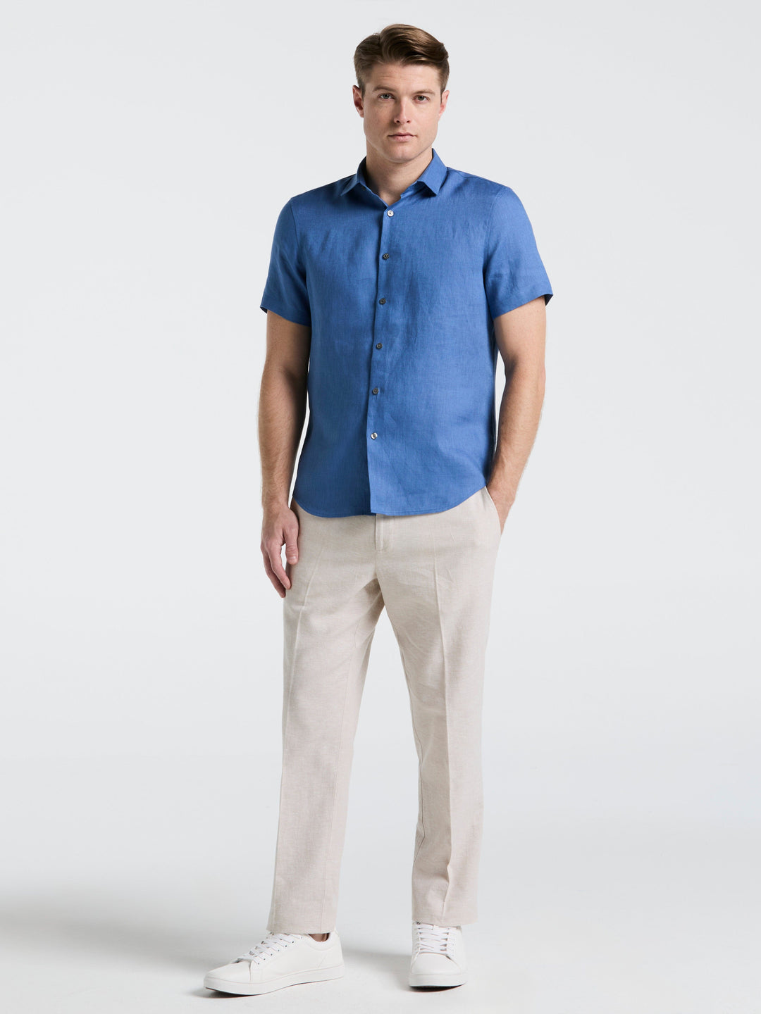 Perry Ellis Men's Linen Short Sleeve Shirt in Kentucky Blue, Size XL, Solid, Regular