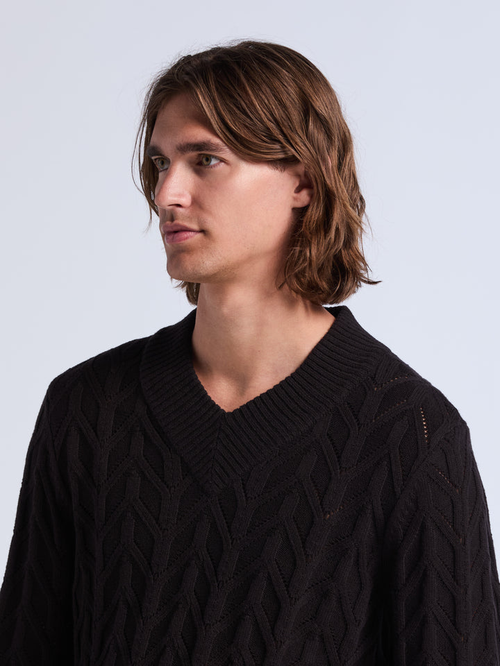Long Sleeve Cable V-Neck Sweater (Black) 