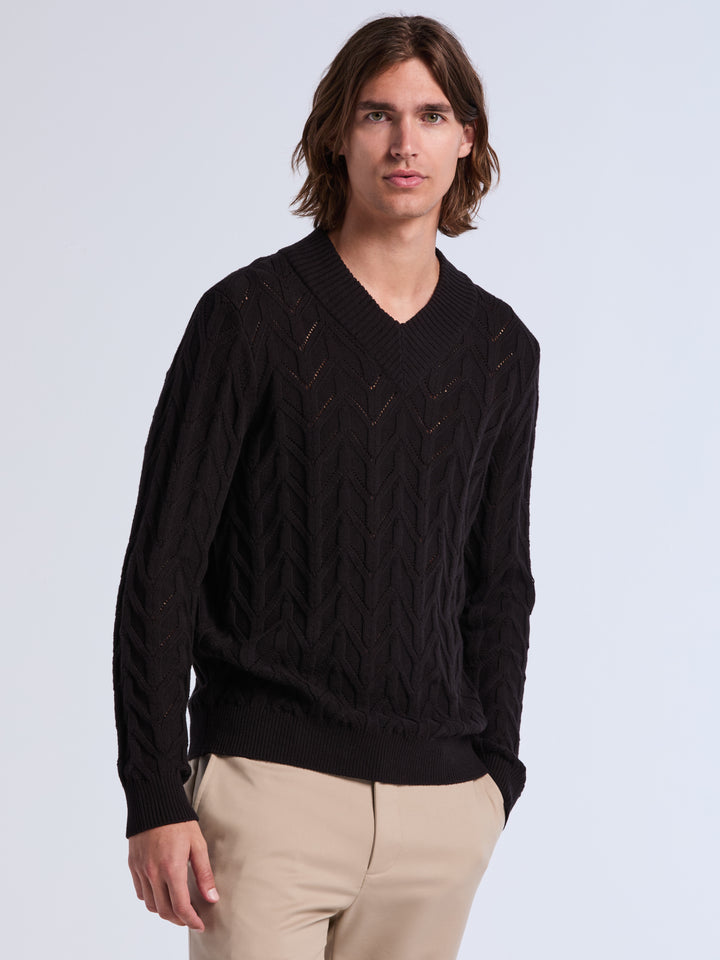 Long Sleeve Cable V-Neck Sweater (Black) 