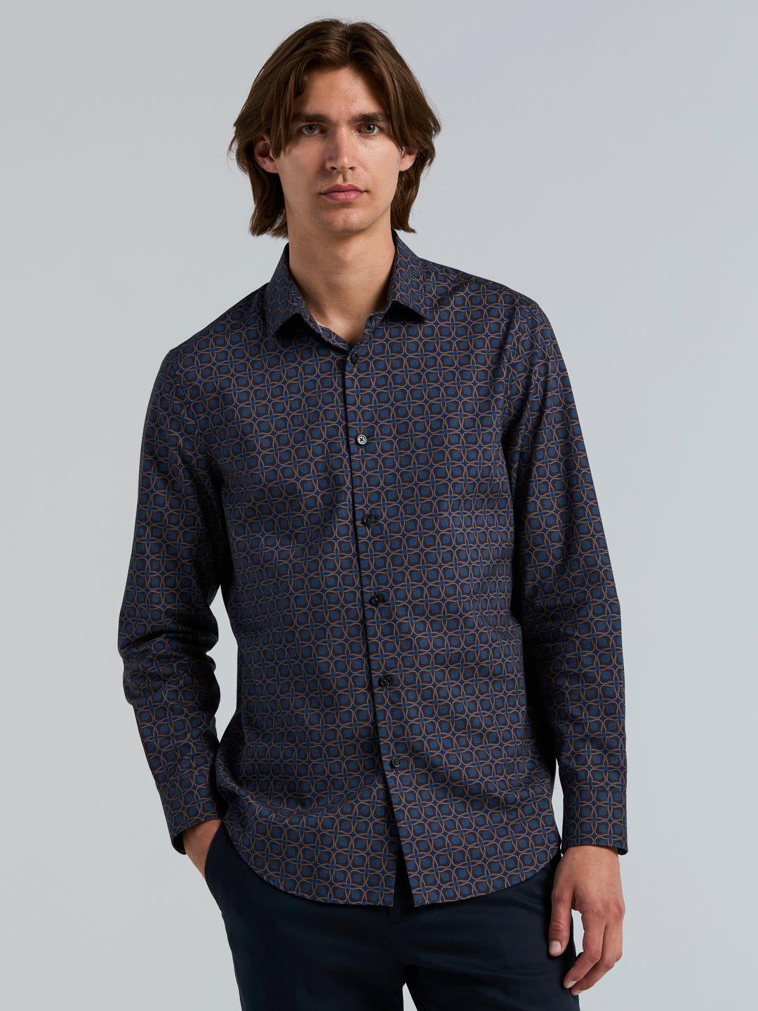 Long Sleeve Poplin Floral Print Shirt (Pageant Blue) 