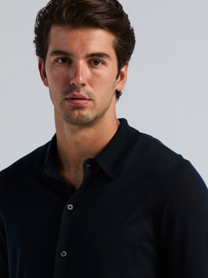 Merino Wool Blend Polo Sweater (Dark Sapphire) 
