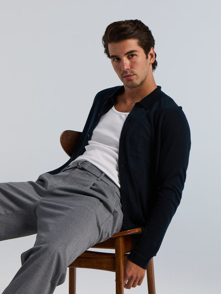 Merino Wool Blend Polo Sweater (Dark Sapphire) 