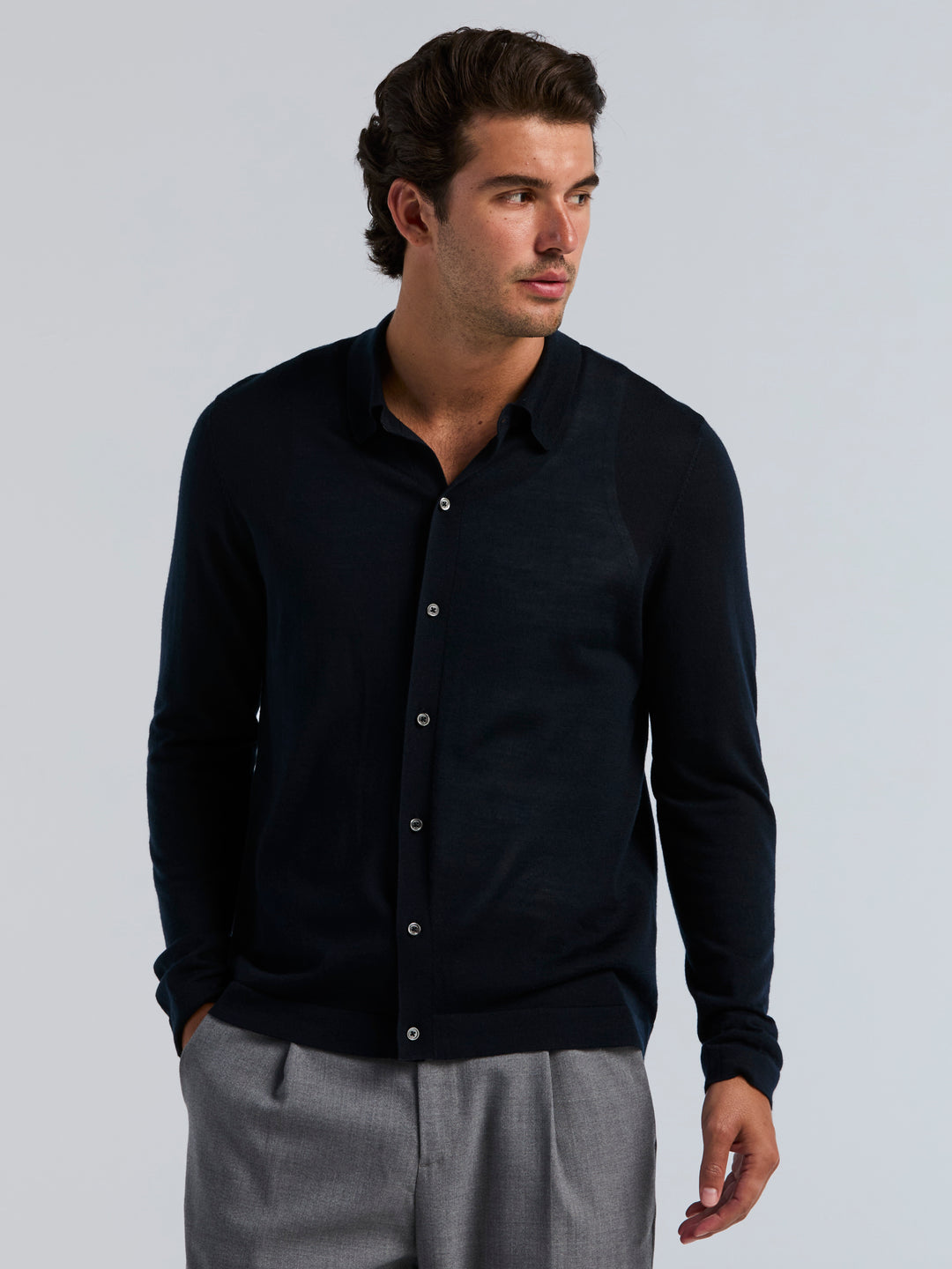 Merino Wool Blend Polo Sweater (Dark Sapphire) 