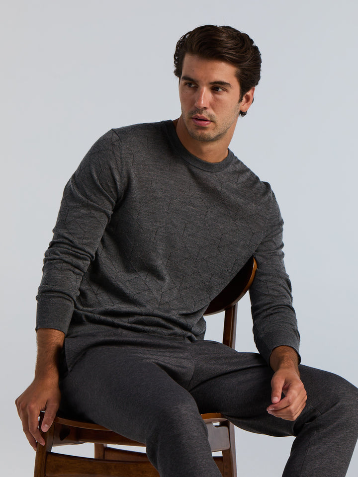 Merino Wool Blend Geo Jacquard Crew Neck Sweater (Magnet Htr) 