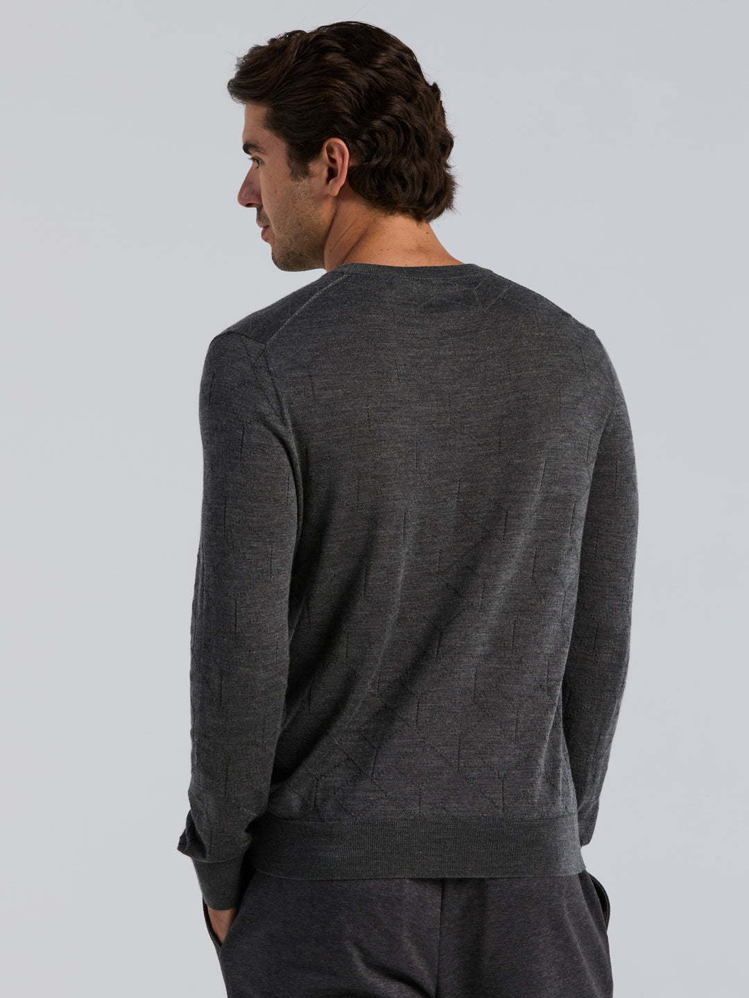 Merino Wool Blend Geo Jacquard Crew Neck Sweater (Magnet Htr) 