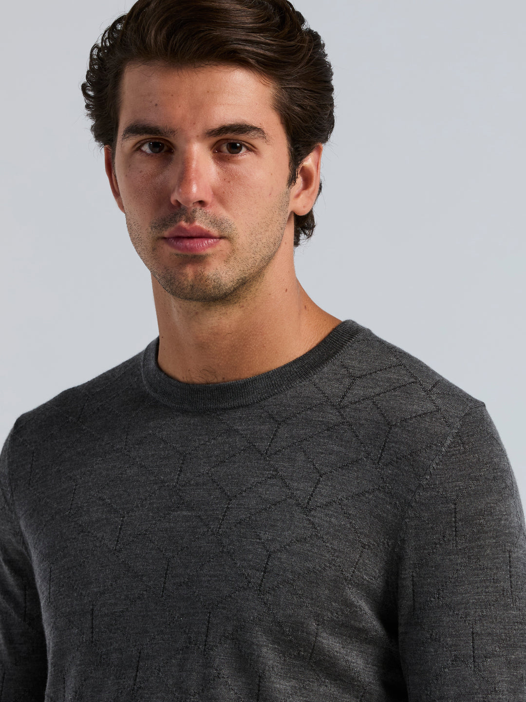 Merino Wool Blend Geo Jacquard Crew Neck Sweater (Magnet Htr) 