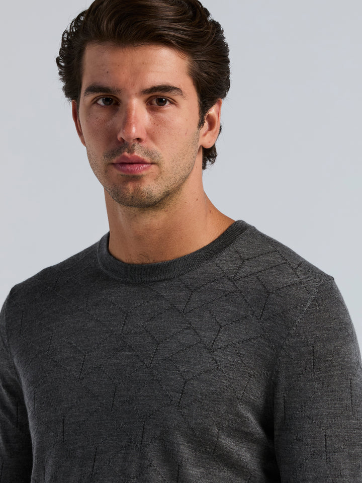 Merino Wool Blend Geo Jacquard Crew Neck Sweater (Magnet Htr) 