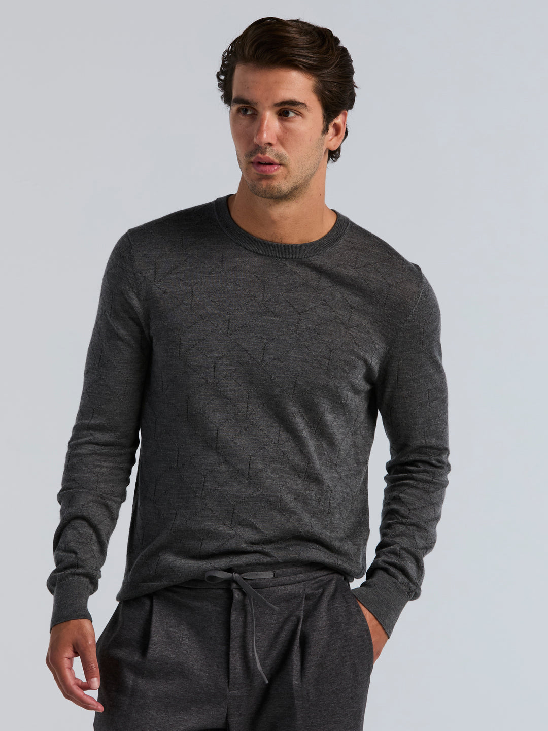 Merino Wool Blend Geo Jacquard Crew Neck Sweater (Magnet Htr) 