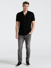 Mesh Button Front Polo Sweater (Black) 