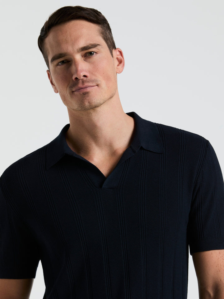 Short Sleeve Mesh Stripe Polo Sweater (Dark Sapphire) 