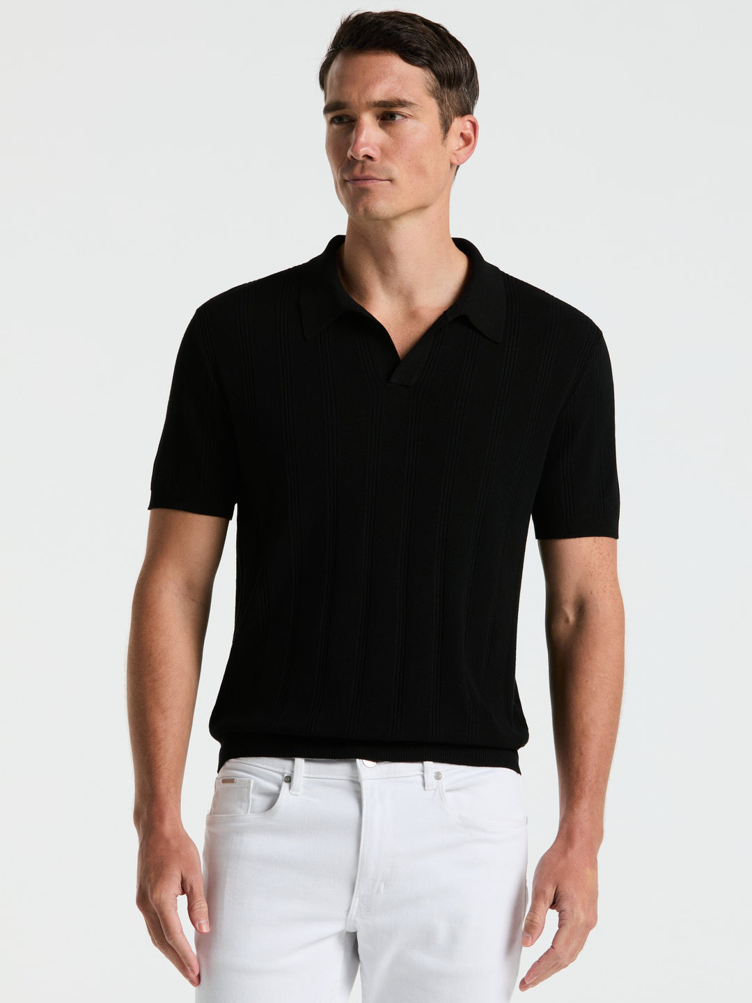 Short Sleeve Mesh Stripe Polo Sweater (Black) 